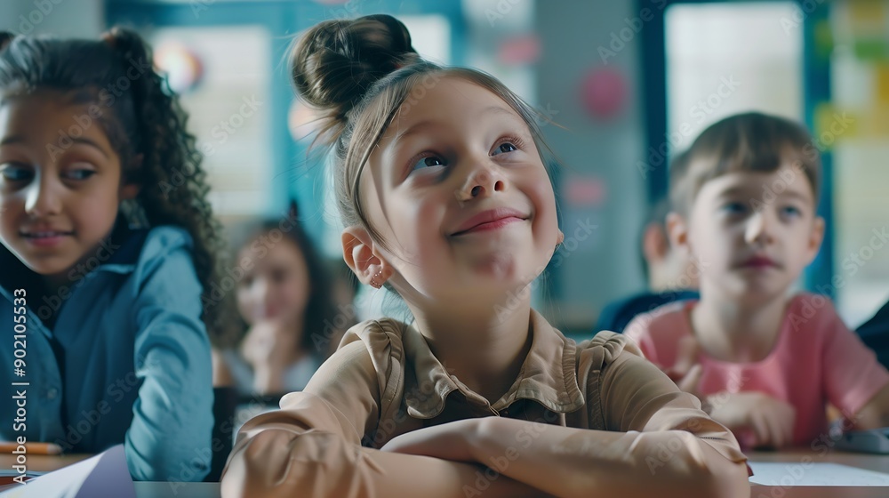 Poster talented small girl asking teacher a question in class portrait of a happy elementary school student