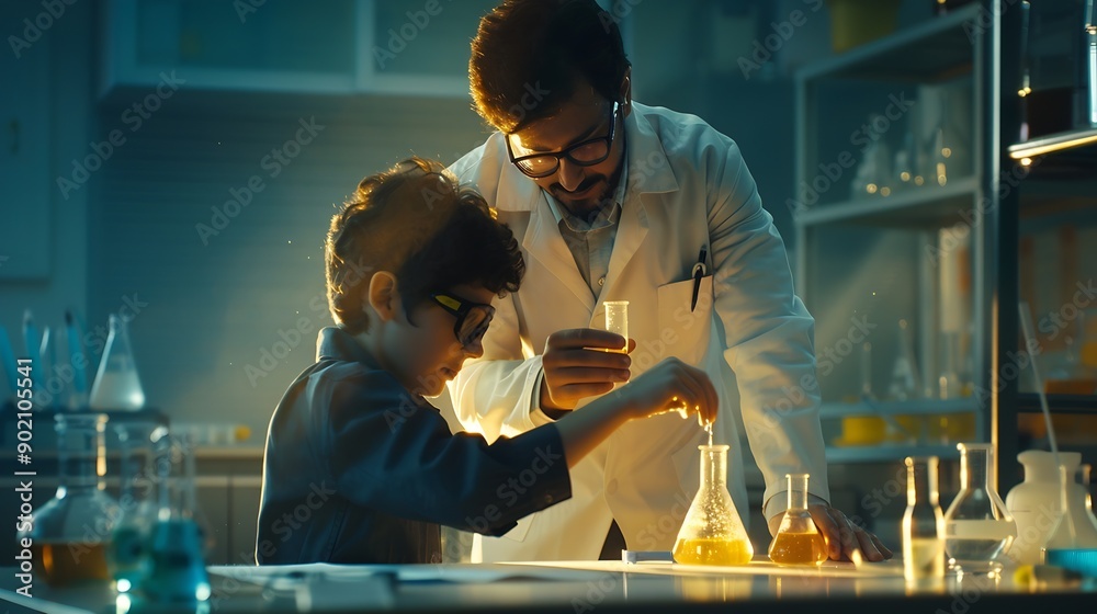 Aufkleber Teacher support schoolboy in laboratory Schoolboy and teacher stand and experiment about science of chemistry in STEM class using liquid in glass container Instructor mixing solution E : Generative AI