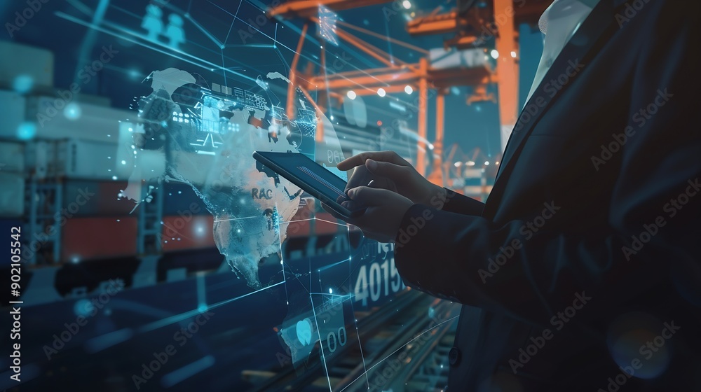 Aufkleber Multiple exposures of Businessman touching tablet for analyze stock at logistics port and world map with logistic network distribution : Generative AI