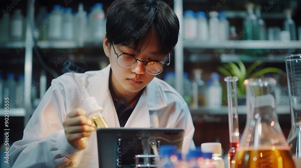Poster tablet scientist and happy for analysis in laboratory healthcare and reading of online pharmaceutica