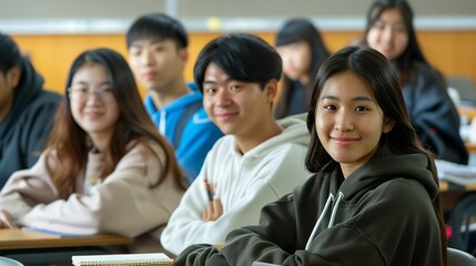university classroom diverse group of young students Asian collaborate study together sharing smiles and insights around desks exemplifying the joy of learning and friendship in higher : Generative AI