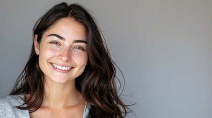Beautiful woman with a radiant smile, looking at the camera. Copy space on the right for text or logo.