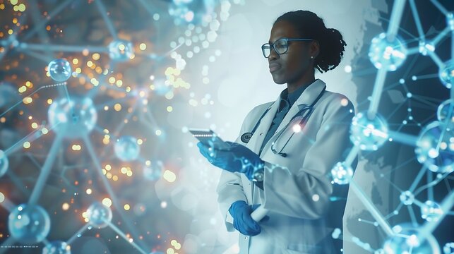 Image of chemical formula over african american female doctor Global medicine science and digital interface concept digitally generated image : Generative AI