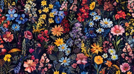 Bohemian seamless pattern of wildflower clusters.