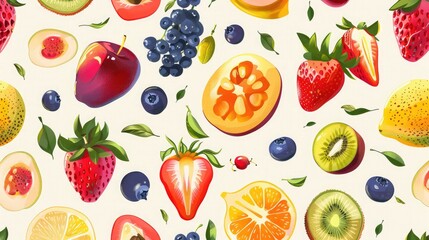 Bright and cheerful seamless pattern featuring various fruits and berries.