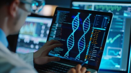 Doctor studying genetic disease in DNA research with laptop analyze genetic data formulate medical treatment strategies and develop healthcare plan for patient with innovative solution : Generative AI