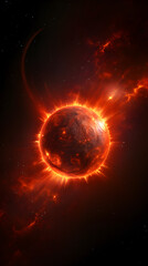 Fototapeta premium A fiery red planet glows brightly in the dark space, surrounded by swirling red nebulae and sparkling stars.