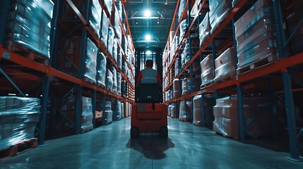 Precision and Efficiency: A Warehouse Worker Maneuvering a Forklift