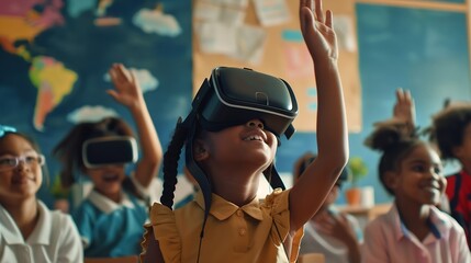 Biracial girl with VR headset raises hand in a classroom at school surrounded by peers Students explore virtual reality integrating technology with education : Generative AI