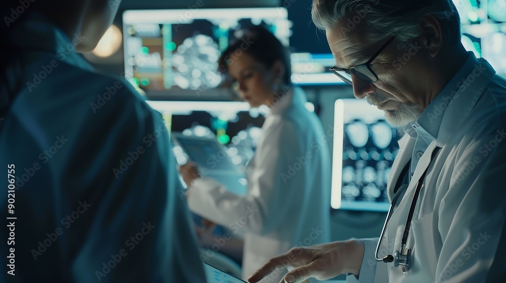 Poster Planning tablet and teamwork in a hospital with a mature manager with healthcare workers with tech Clinic cardiology research and digital report with conversation and collaboration wit : Generative AI