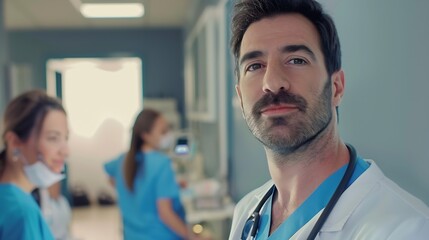 Obraz premium Male Doctor hospital and portrait with team for medical service healthcare and insurance for medicine Expert nurse clinic and confident for wellness health worker or specialist surgeon : Generative AI