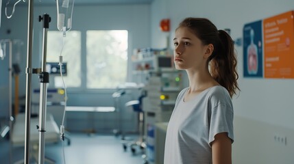 Obraz premium A young woman stands contemplatively in a rehab clinic amidst medical equipment and educational posters : Generative AI
