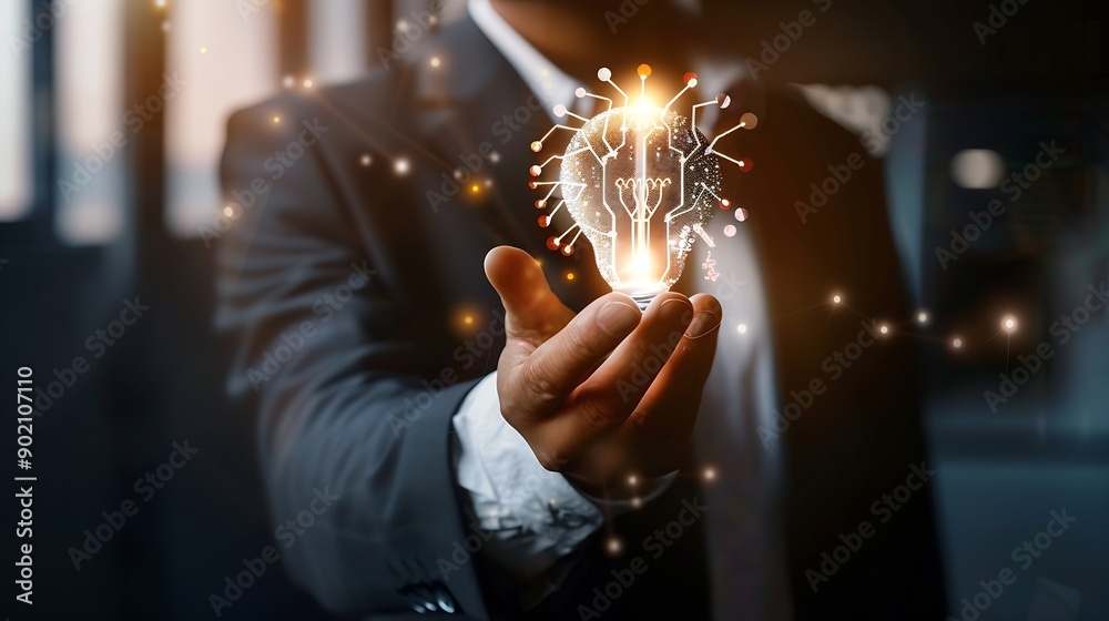 Poster AI Artificial Intelligence Technology concept Businessman holding a glowing lightbulb with AI symbol representing artificial intelligence technology innovation and future digital advan : Generative AI