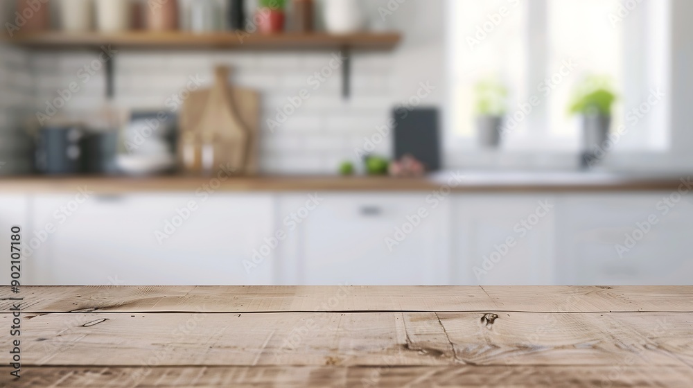 Poster kitchen table background wood counter top on blur of white clean abstract home interior with bokeh u