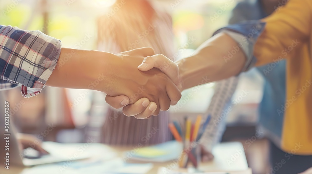Aufkleber Trust handshake and business people in office for deal welcome or onboarding for b2b collaboration Partnership teamwork and shaking hands for agreement consulting or introduction in me : Generative AI