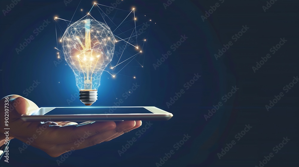 Aufkleber Hand holding tablet with bulb for Artificial Intelligence or AI brain analysis informationTechnology and science conceptmachine learning systemHitech and futuristic world : Generative AI