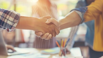 Fototapeta premium Trust handshake and business people in office for deal welcome or onboarding for b2b collaboration Partnership teamwork and shaking hands for agreement consulting or introduction in me : Generative AI