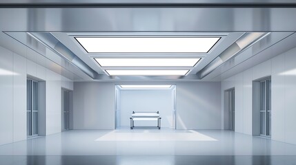 Fototapeta premium Interior of modern empty office buildingOpen ceiling designEquipped with automatic lifting table and LCD screen : Generative AI