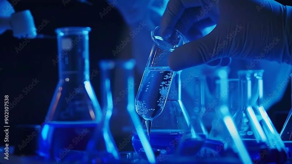 Leinwandbilder closeup hands dropping fluid from dropper flask beaker into blue test tube sample laboratory for com