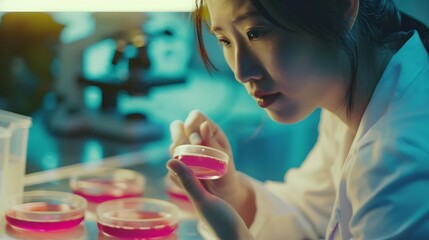 Science people and training with petri dish in laboratory for medical research experiment and practical exam Girl woman and biochemistry internship and discussion on study and clinical : Generative AI