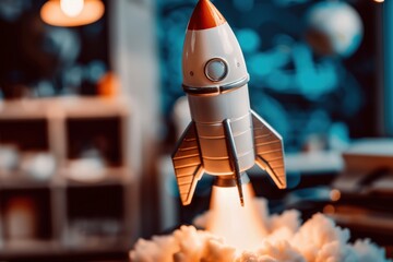 Toy Rocket with Bright Flames in Room