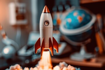Toy Rocket Launch in Room with Earth Globe