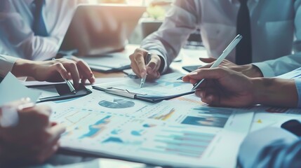 Office expert and business people in meeting teamwork and planning with feedback for funding proposal Accounting broker and employees with conversation review finances and trading with : Generative AI