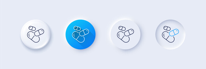 Capsule pill line icon. Neumorphic, Blue gradient, 3d pin buttons. Medical drugs sign. Pharmacy medication symbol. Line icons. Neumorphic buttons with outline signs. Vector