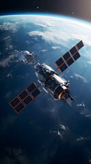 Obraz premium A satellite orbits Earth, showcasing its solar panels and a glimpse of the planet's blue surface and white clouds.