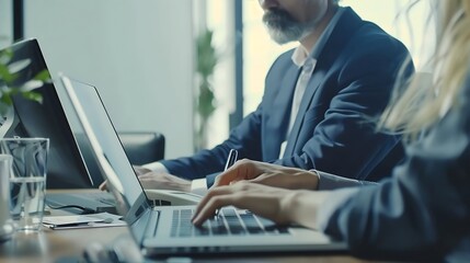Professional bank manager consulting financial corporate client using laptop Two busy professional executives team business people working together on computer at office meeting Vertic : Generative AI