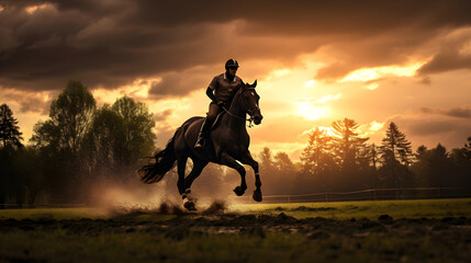 Twilight gallop: A horse and rider in harmonious stride across a verdant landscape
