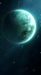 Obraz premium A glowing green planet in a dark starry space. The planet has a bright, white rim and appears to be in a close orbit.