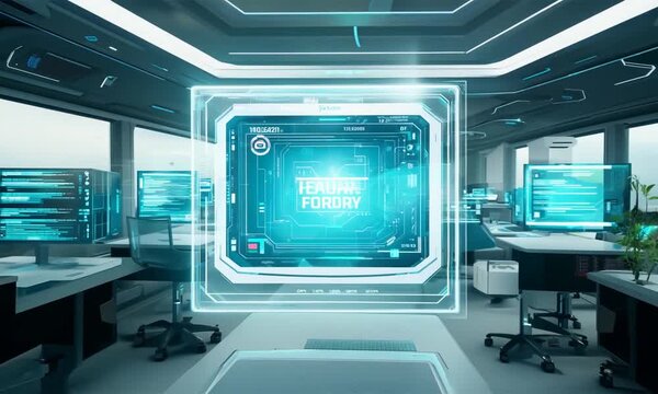 Quantum Leap in Tech: A futuristic office pulsates with "Quantum Form" at its core, embodying cutting-edge technology and innovation. 