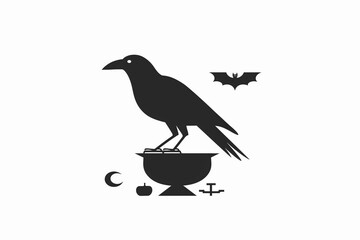 Obraz premium A black silhouette of a raven perched on a cauldron with other Halloween symbols.