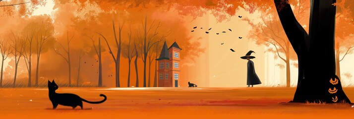 A witch walks through an orange forest, with bats flying overhead and jack-o-lanterns carved into a tree trunk.