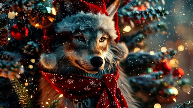 a festive wallpaper featuring cute wolf dressed in Santa hats and scarves, christmas decoration tree. seamless looping time-lapse virtual 4k video animation background