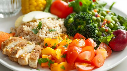 balanced meal layout featuring colorful fruits, vegetables, lean proteins, and whole grains, emphasizing mindful eating and promoting a healthy lifestyle