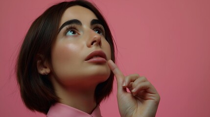 A young woman with dark hair looks up thoughtfully, her finger resting on her chin against a soft pink background.