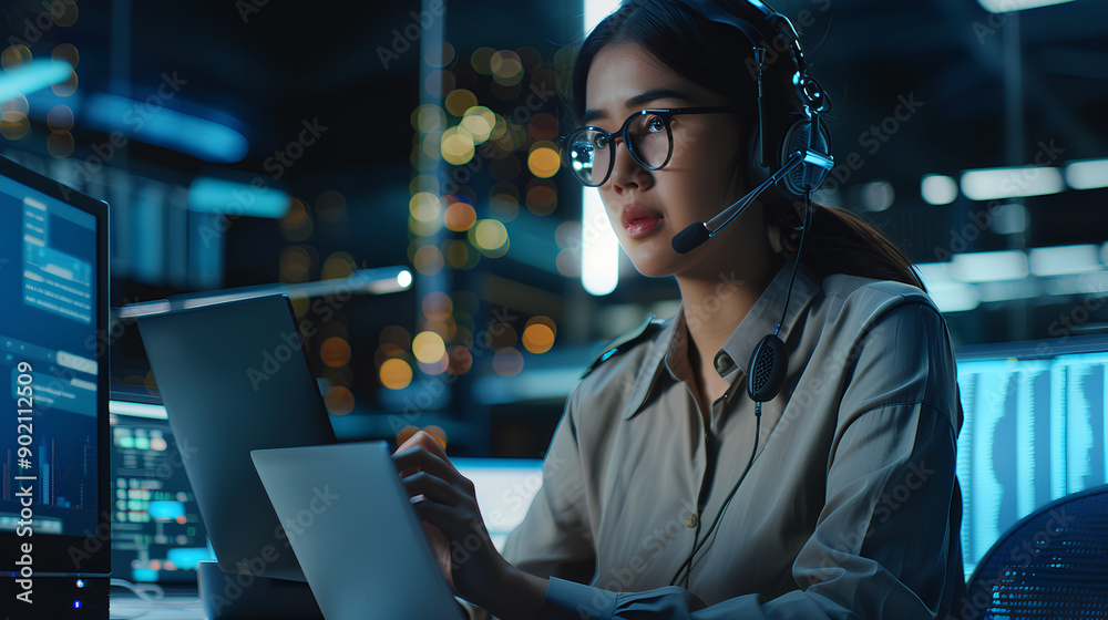 Poster technical support customer service concept, software engineer using laptop computer with customer su