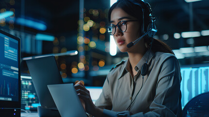 Technical support customer service concept, software engineer using laptop computer with customer support and global network, internet technology, it support, digital system service