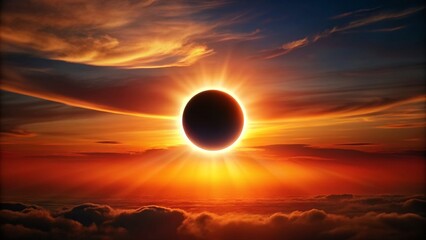 Fototapeta premium Total solar eclipse casting a mesmerizing shadow on a red orange sky during the early morning, total, beauty, cosmic, celestial event, horizon, astronomy, silhouette, solar