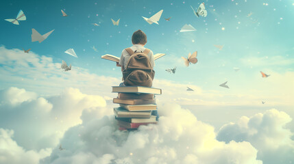 A schoolboy immersed in reading a book sits on a stack of books above the clouds. Butterflies are flying around.