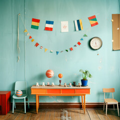 Vibrant room with colorful flags, playful decor, and a cheerful atmosphere, perfect for inspiring creativity and joy.