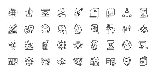 Search document, Ranking and Report line icons pack. AI, Question and Answer, Map pin icons. Time, Cloud computing, Globe web icon. Cyber attack, Calculator, Innovation pictogram. Vector