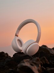 White Over-Ear Headphones at Sunset