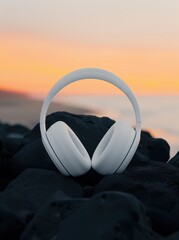Modern White Headphones at Sunset