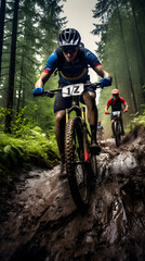 Naklejka premium Thrilling Showcase of Ebike Racing in Vibrant Forested Trail - Unstoppable Racers and Immersive Nature