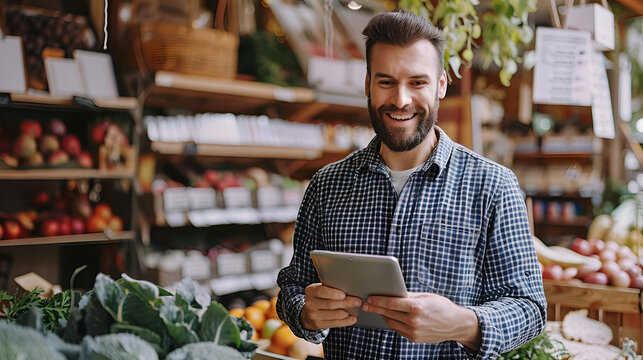 A male grocer checks his tablet in a vibrant market, surrounded by fresh vegetables and fruits on display.