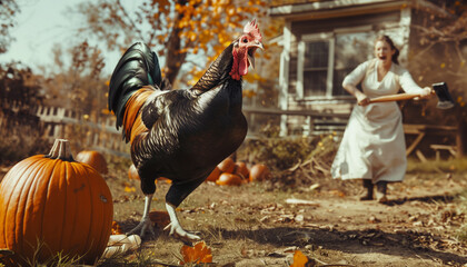 Low wide angle shot of rooster running and screaming escaping from woman with axe in home backyard ripe pumpkins on ground. Woman in white apron as cook.Scene full of tension and urgency