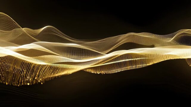 Motion animation of abstract 3d golden flowing wave made of dots on black background. Digital data structure. Future mesh or soundgrid. Futuristic technology concept. Backdrop for design 
